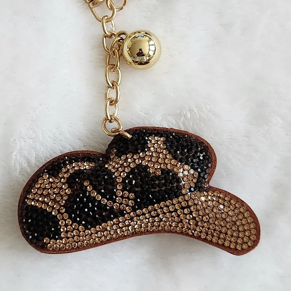Cowboy Hat Leopard Print Keychain with Gold Accents Bag Charm Cow Girl Hat